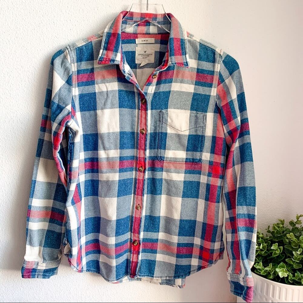 American Eagle red white blue slim fit flannel